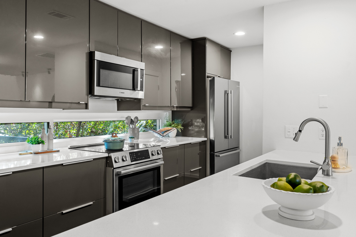Modern European kitchen with new Bosch appliances in Reynoldstown townhome