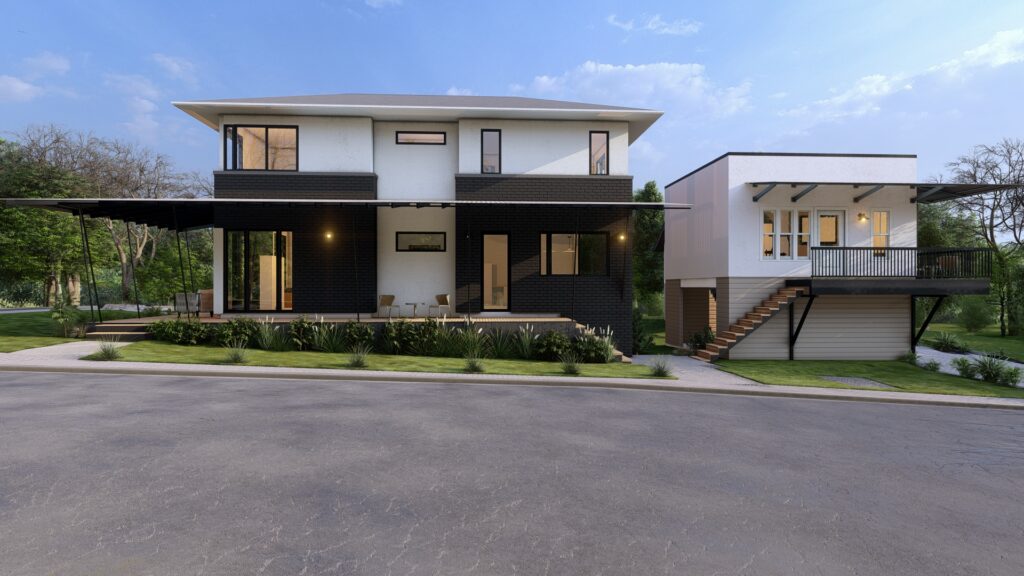 1112 and 1114 Kirkwood Avenue NE — rear view at dusk, architectural rendering